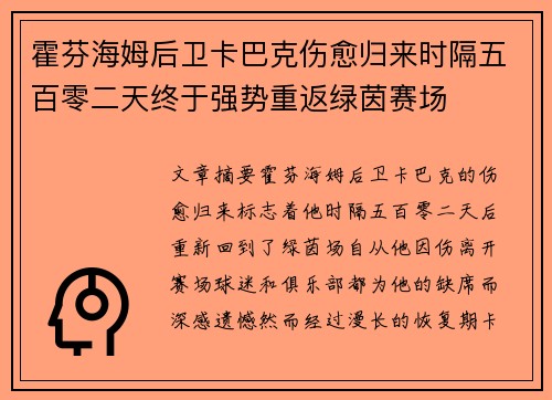 霍芬海姆后卫卡巴克伤愈归来时隔五百零二天终于强势重返绿茵赛场
